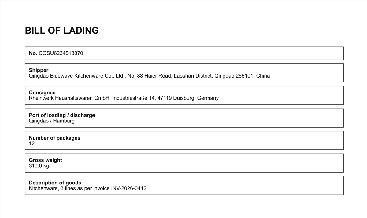 Konnossement COSU6234518870, Qingdao nach Hamburg