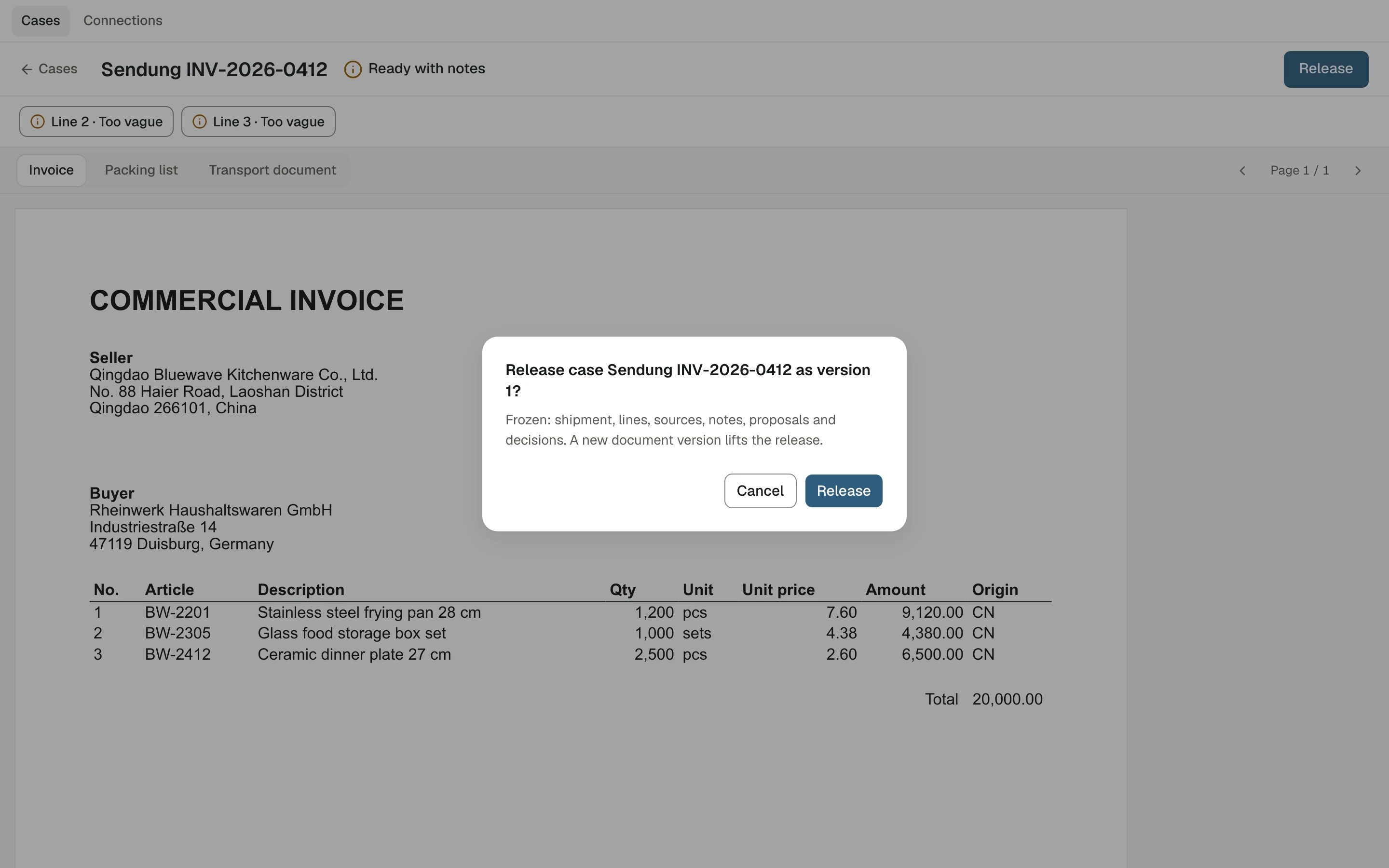Der Release-Dialog: Fall INV-2026-0412 als Version 1 freigeben; festgeschrieben werden Sendung, Positionen, Quellen, Notizen, Vorschläge und Entscheidungen